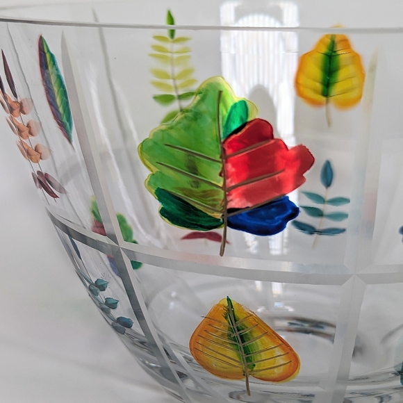 Romanian Crystal Bowl Hand Painted & Etched Leaves Beveled Squares Colorful Deco - Picture 12 of 16